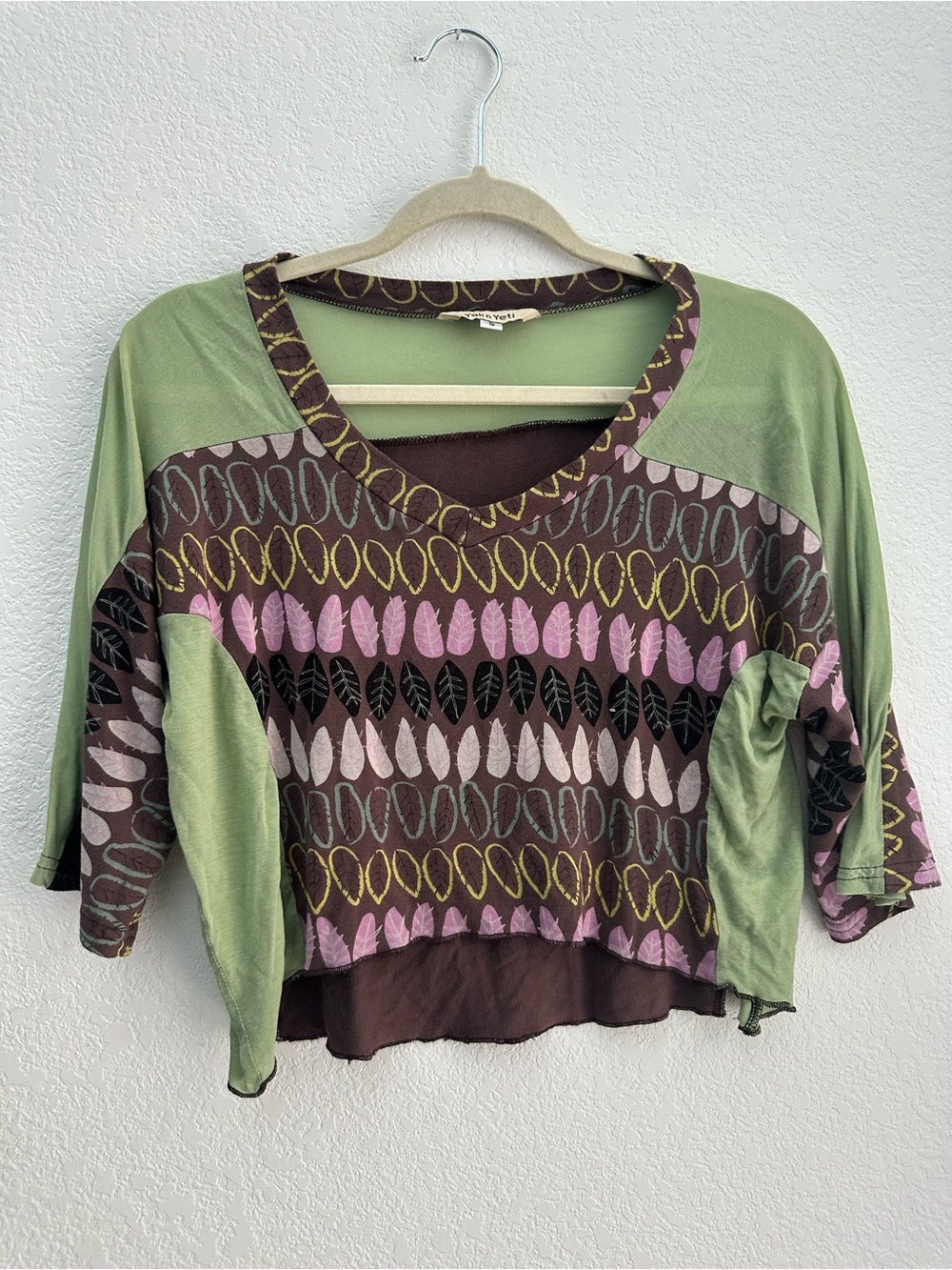 Yak N Yeti Crop Top Leaf Print Green Brown Mixed Media Boho Fairycore Boxy Half